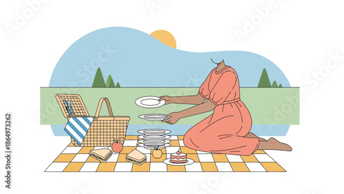 Outdoor Gathering With Woman On Picnic Blanket With Basket And Food And Plates