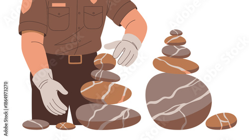 Nature Preservationist Creating Cairn Balancing Stones in Park Setting Artistic Illustration