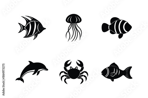 Vector Set of Ocean Animal Silhouettes. Set of Black Silhouettes of Ocean Animals. Vector Set of Fish Silhouettes
