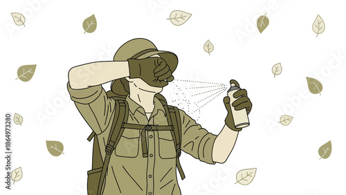 Outdoorsman Sprays Repellent on Face in Woodland Setting for Protection