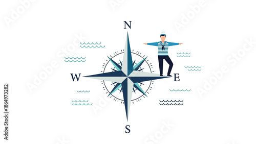 Nautical Navigator: Sailor Balancing On Compass Amidst Gentle Waves Illustration