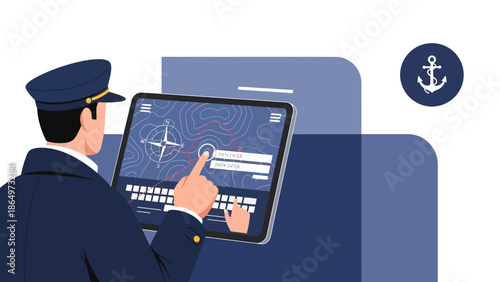 Naval Officer Using Digital Navigation Technology For Modern Marine Operations