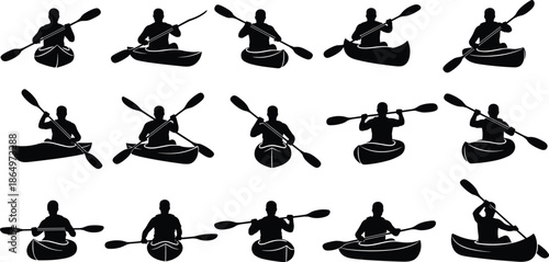 Black kayak and canoe silhouette set with people paddling, outdoor water sports adventure icons, summer recreation activity, and rowing competition vector illustration.