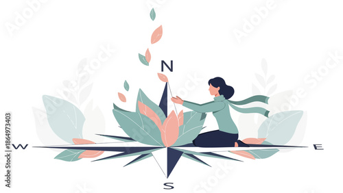 Navigating Life's Journey Woman On Compass With Foliage Symbolizing Exploration