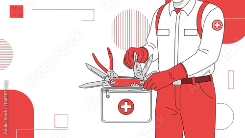 Paramedic Inspecting Versatile Tools Inside First Aid Kit With Minimalist Background