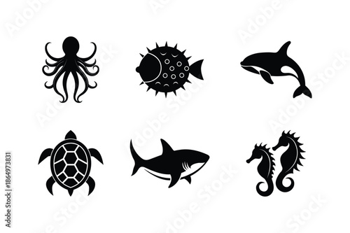 Vector Set of Ocean Animal Silhouettes. Set of Black Silhouettes of Ocean Animals. Vector Set of Fish Silhouettes
