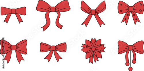 Decorative red ribbon gift bows set, various festive holiday bow ties for present wrapping, Christmas decorations, celebration party invitation, and gift box vector illustration
