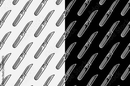 Gardening knife engraving seamless pattern on black white background set for merch. Camping knife hatching pattern background for adventures. Cooking knife tool line art motif wallpaper for camping