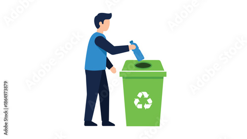 A person responsibly placing a plastic bottle into a green recycling bin, promoting environmental conservation and sustainable living practices.
