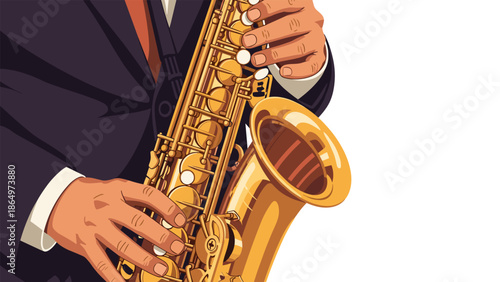 Close-up of a musician's hands skillfully playing a golden saxophone, highlighting the intricate details of the instrument and performance.