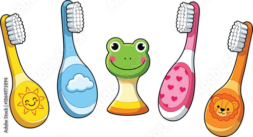 Cute colorful children's toothbrushes with cartoon sun, cloud, heart, and lion designs, plus a friendly frog character bathroom accessory, dental hygiene vector illustration.