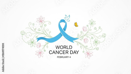 World Cancer Day ribbon with floral elements a symbol of hope and awareness for February 6th vector illustration on white background