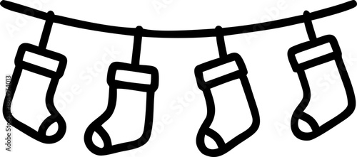 A minimalist continuous line drawing of five Christmas stockings hanging from a string.
