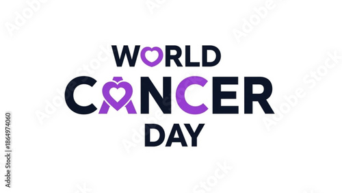 World Cancer Day logo with purple ribbon and heart symbolizing awareness and support for cancer patients isolated on white