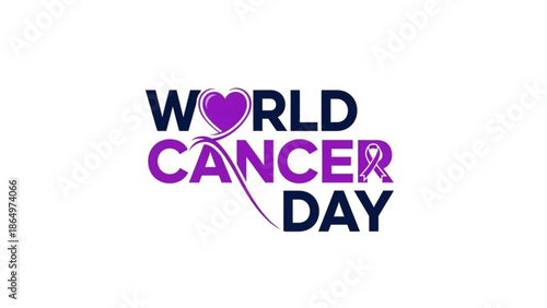 World Cancer Day logo with purple ribbon and heart symbol representing awareness and support for cancer patients isolated on white