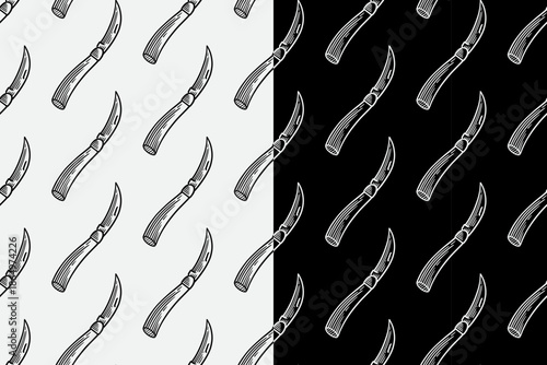 Sickle knife engraving seamless pattern on black white background set for gardening. Curved knife hatching pattern background for park. Karambit knife line art motif wallpaper for outdoor