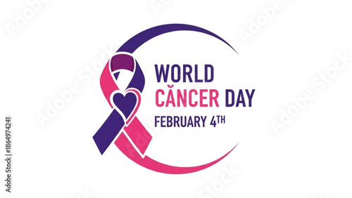 World Cancer Day ribbon with heart February 4th awareness symbol vector illustration for medical campaigns and support