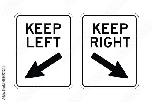 Professional Keep Left and Keep Right Traffic Signs Set - High Contrast Black and White Vector Road Directional Graphic