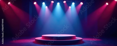 Bright stage spotlights illuminate empty podium , theater, flash