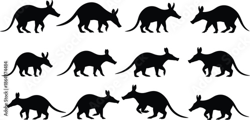 Anteater Silhouette Walking Animation Vector Set with Multiple Side View Poses Isolated on White Background