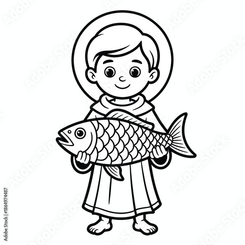 Child holding fish isolated on white background, Vector, illustration