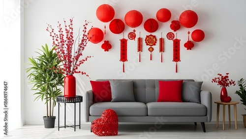 A modern living room decorated with vibrant red chinese new year decorations and a gray couch