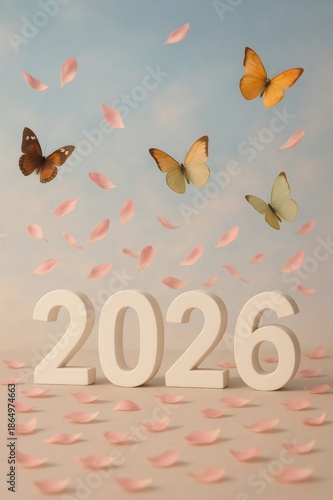 2026 numbers standing on a pastel surface with butterflies flying and pink petals falling against a gentle sky
