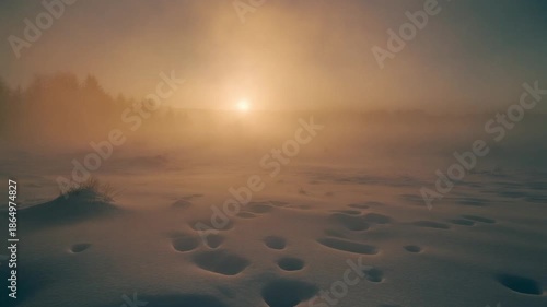 Winter sunrise over a frozen lake with mist rising from the water.