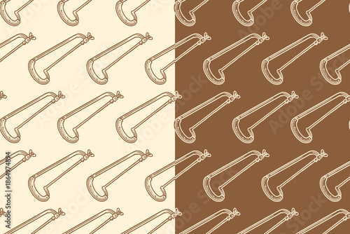 Hacksaw cutting tool engraving seamless pattern on tan beige background set for woodworking. Chopping saw hatching pattern background for craftsman. Hand saw line art motif wallpaper for carpentry