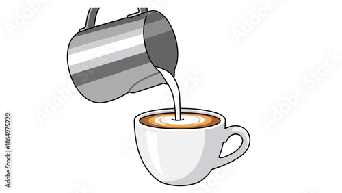 Barista pouring steamed milk from a metal pitcher into a cup of coffee, creating the base for beautiful latte art.