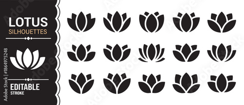 Decorative lotus flower icons in silhouette style isolated vector