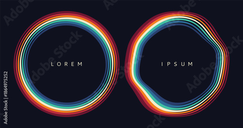 The colorful frame consists of multiple multicolored lines. Collection of abstract round shapes. Glow effect. Vector for brochure, poster, cover, card, flyer, banner, advertising or presentation.
