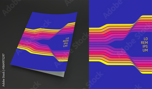 A notebook or notepad cover mockup. A retro background from the 60s, 70s, or 80s. A pattern of colorful stripes split down the middle. Abstract, dynamic curved ribbons. Copy space. Vector illustration