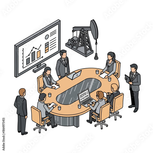 Isometric illustration of business professionals in a meeting discussing oil industry finances and strategy.