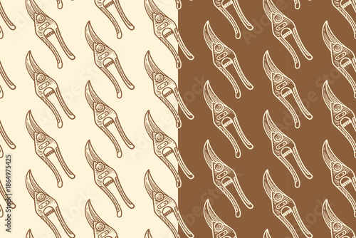 Pruning shears engraving seamless pattern on tan beige background set for gardening. Garden hand shears hatching pattern background for outdoor. Garden clippers line art motif wallpaper for workshop