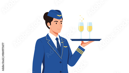Smiling air hostess in a blue uniform holding a tray with two glasses of champagne, offering excellent in-flight hospitality and service.