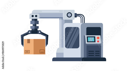 Industrial robotic arm with an integrated control panel precisely picking up a cardboard box, symbolizing automation in manufacturing.