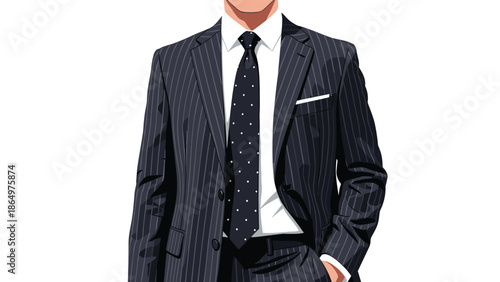 Close-up of a stylish man in a sharp pinstripe suit and patterned tie, exuding professionalism and formal business attire.