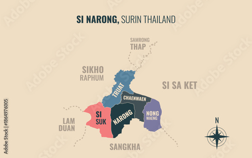 Map showing Si Narong District Surin Thailand divided into sub districts with minimalist colorful patterns