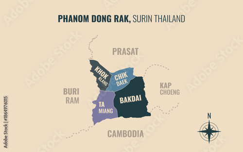 Map showing Phanom Dong Rak District Surin Thailand divided into sub districts with minimalist colorful patterns