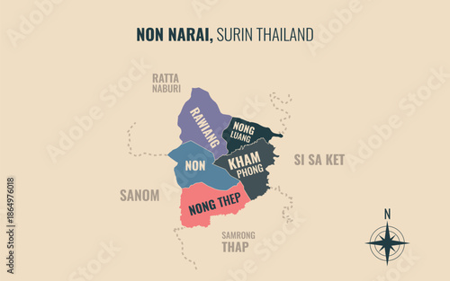 Map showing Non Narai District Surin Thailand divided into sub districts with minimalist colorful patterns