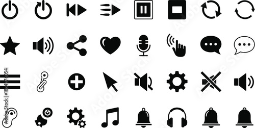 Professional audio production vector set, music studio equipment icons, DJ mixer console, digital sound waves, and media player interface symbols for creative sound engineering.