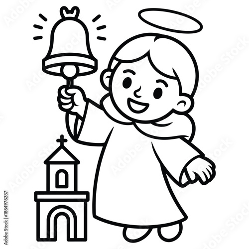 Child ringing church bell isolated on white background, Vector, illustration