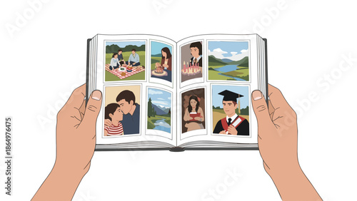 Hands holding an open photo album filled with diverse family milestones, personal memories, and beautiful landscape photographs.