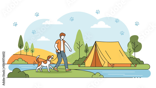 Man Walks Dog During Camping In Natural Environment With Tent Illustration