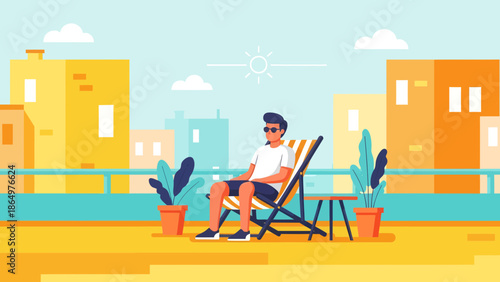 Man Relaxing In Deckchair Enjoying Sunny Day On The Rooftop Terrace