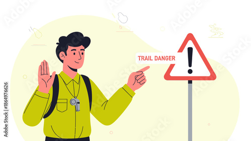 Man Warns About Trail Danger on Nature Hike with Caution Sign