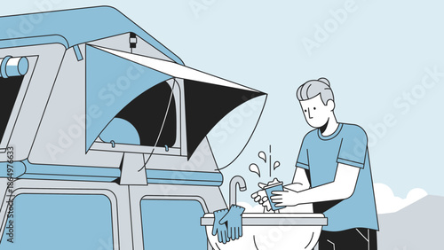Man Washing Hands At Campground Next To Camper With Tent Attached To Top