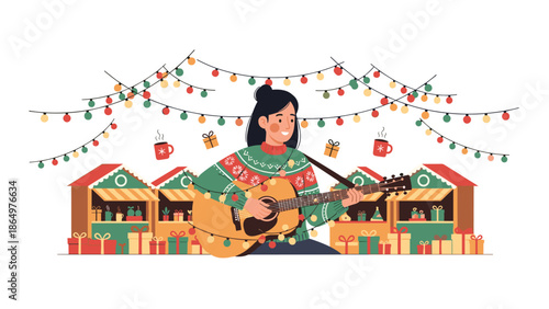Cheerful woman playing an acoustic guitar amidst festive Christmas market stalls, illuminated by colorful string lights and scattered gifts.