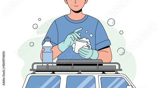 Man Washing Dishes Outdoors During Camping Trip Illustrative Style